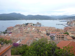 Portoferraio in the rain.  Exotica moored on the right.