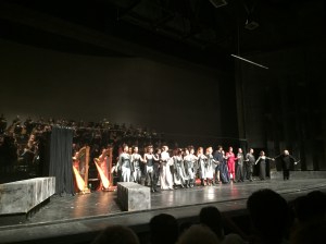 Curtain call after Walkure. Note harps on stage, harpists were dressed in flowing red gowns, the fire.