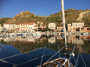 Otok Susak, tiny harbour surrounded by hills of bamboo covered sandy mud