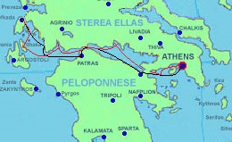 Lefkas to Athens - Black = Outward journey Red = Return